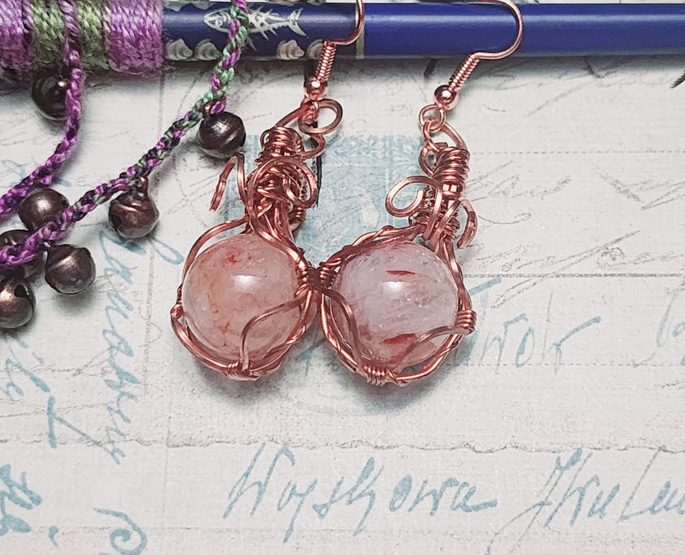 Fire Quarts Sphere Earings,  Copper Wrapped